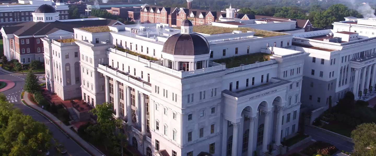 Aerial view of Belmont's campus from the south at sunset. 