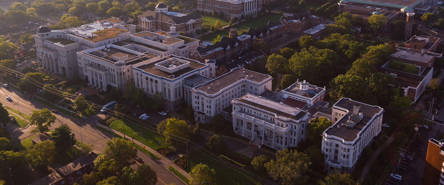 Aerial view of campus at sunrise