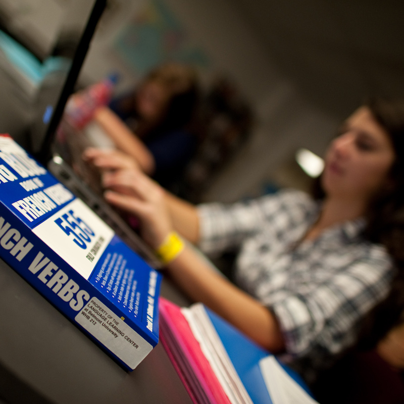 Close up of student studying french book