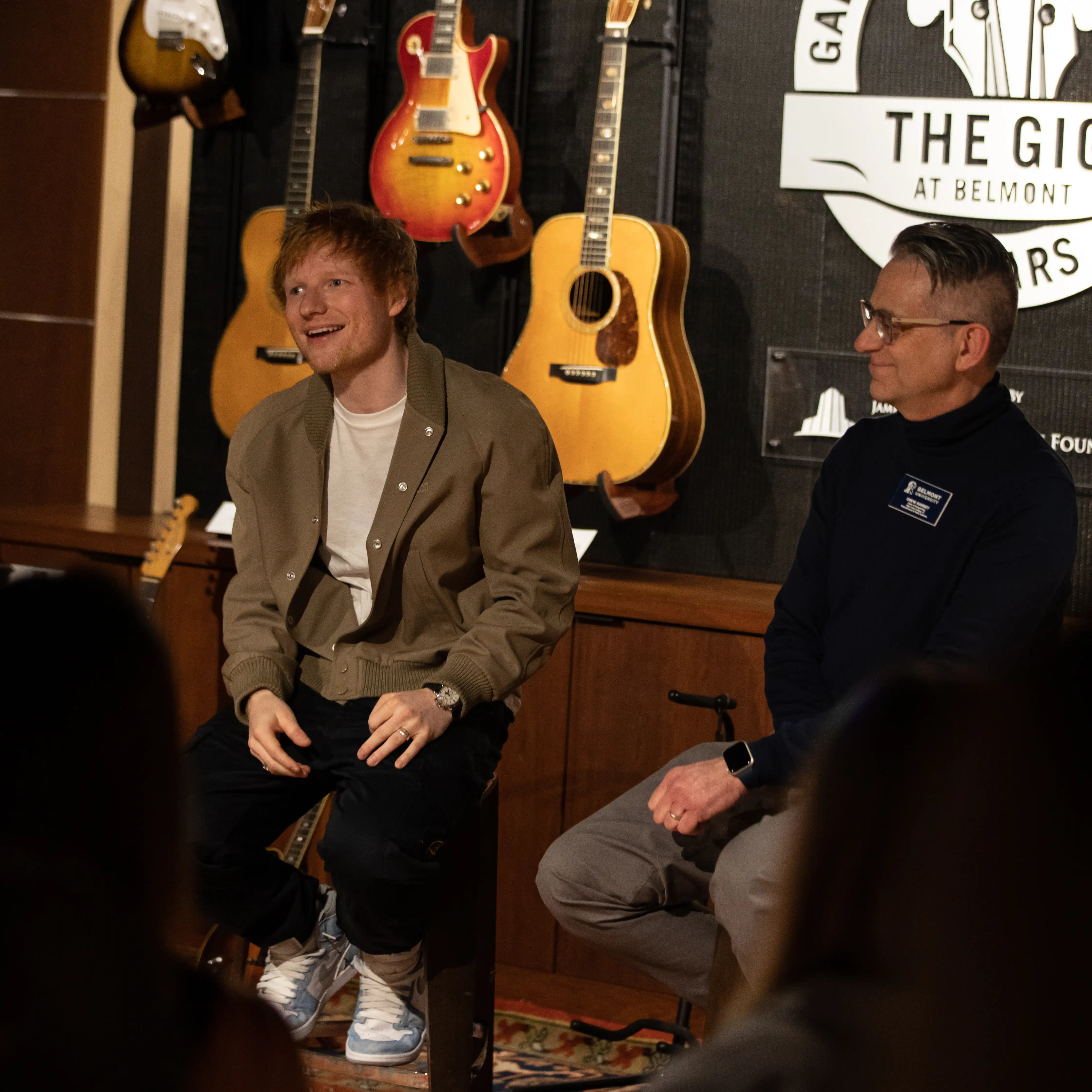 Grammy Award-winning artist Ed Sheeran participates in a conversation with students at the Gallery of Iconic Guitars, sharing career insights and industry experience through Belmont's artist engagement opportunities. Photo by Mark Surridge.