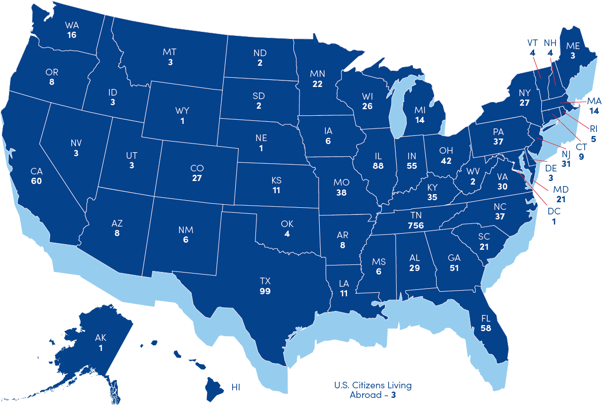 A map of the United States showing the numbers of students from each state