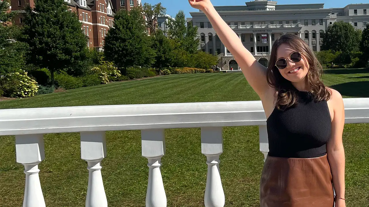 Julia Gigis posing in front of Belmont's Lawn