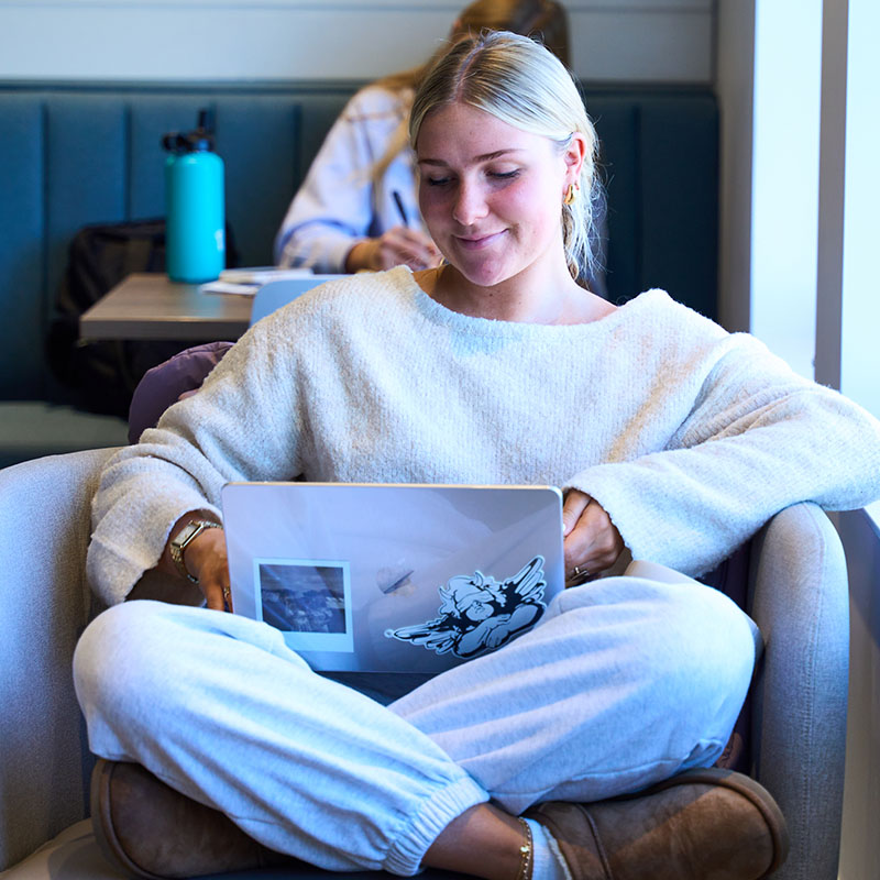 Student sitting in a chair working on her laptop