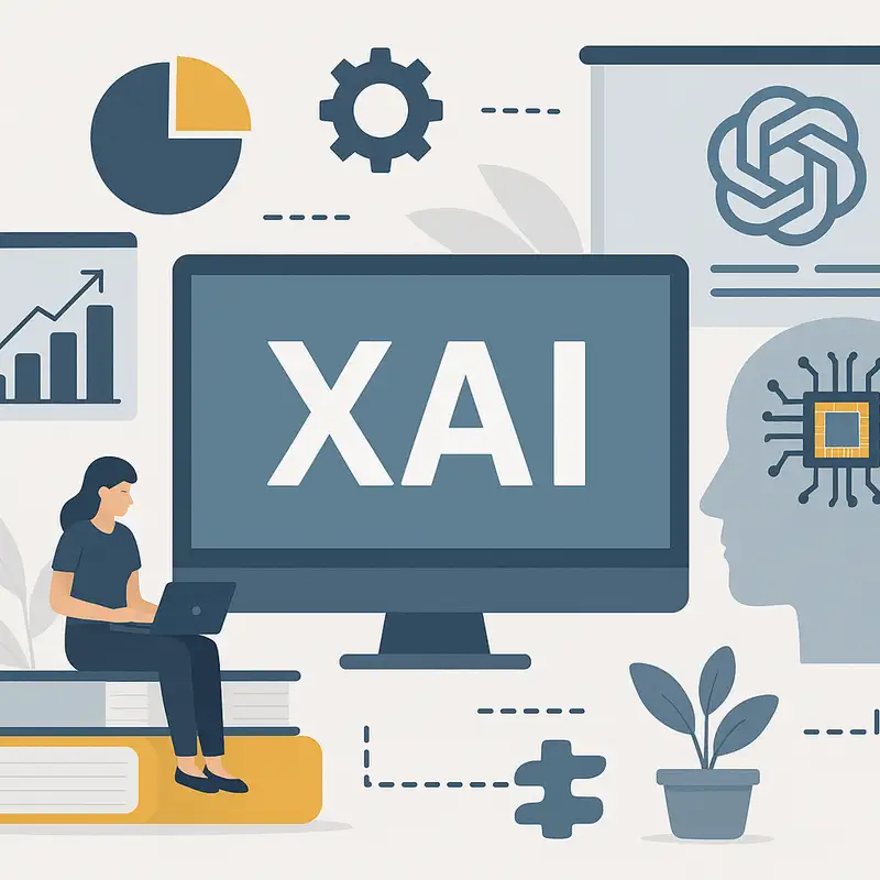 Illustration showing the letters “XAI” on a large computer screen surrounded by icons representing artificial intelligence, graphs, gears, a puzzle piece, and a neural network diagram. A woman sits on stacked books using a laptop.