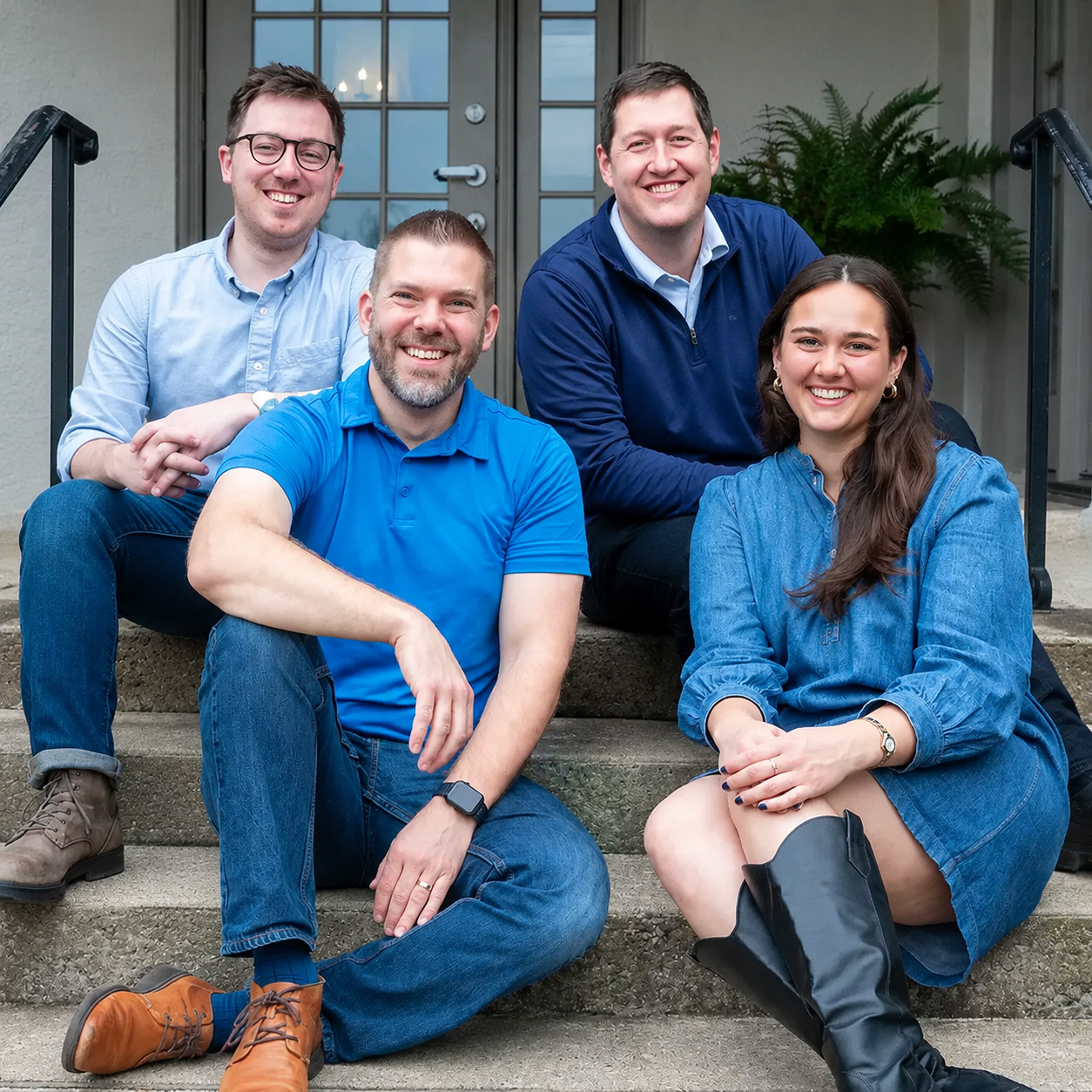 Alumni Engagement Team sitting on the steps of the Foutch Alumni House