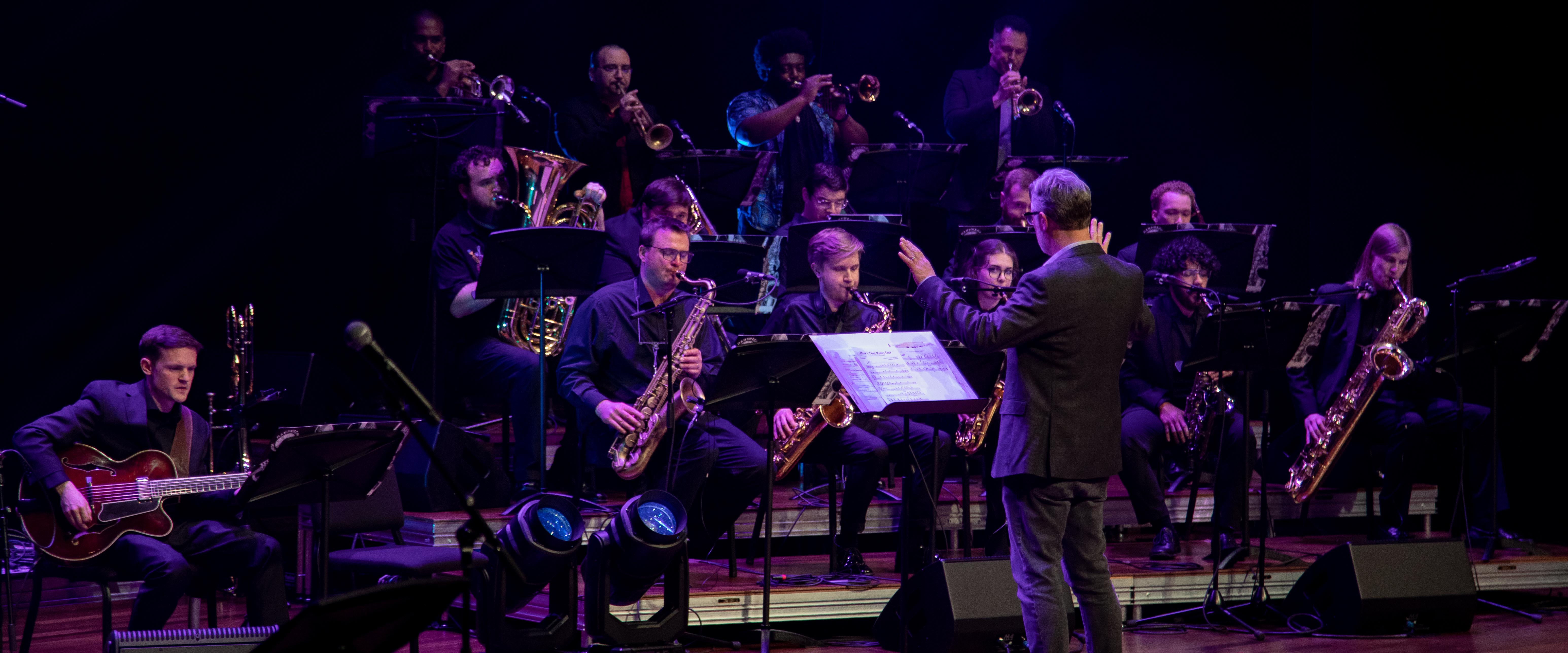 Jazz band player on Fisher Center stage