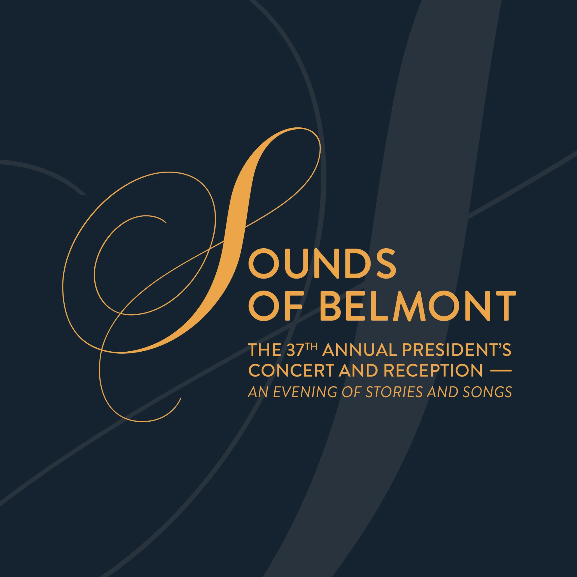 Sounds of Belmont: The 37th Annual President's Concert and Reception promotional graphic featuring a gold musical note design on a dark blue background.