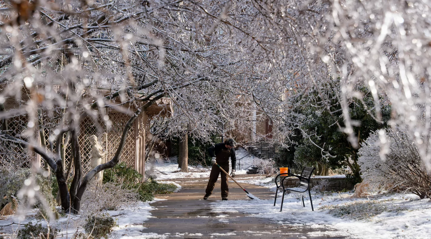 A person shovels snow on a path under icy, snow-laden trees. A bench and an orange-bucket nearby.