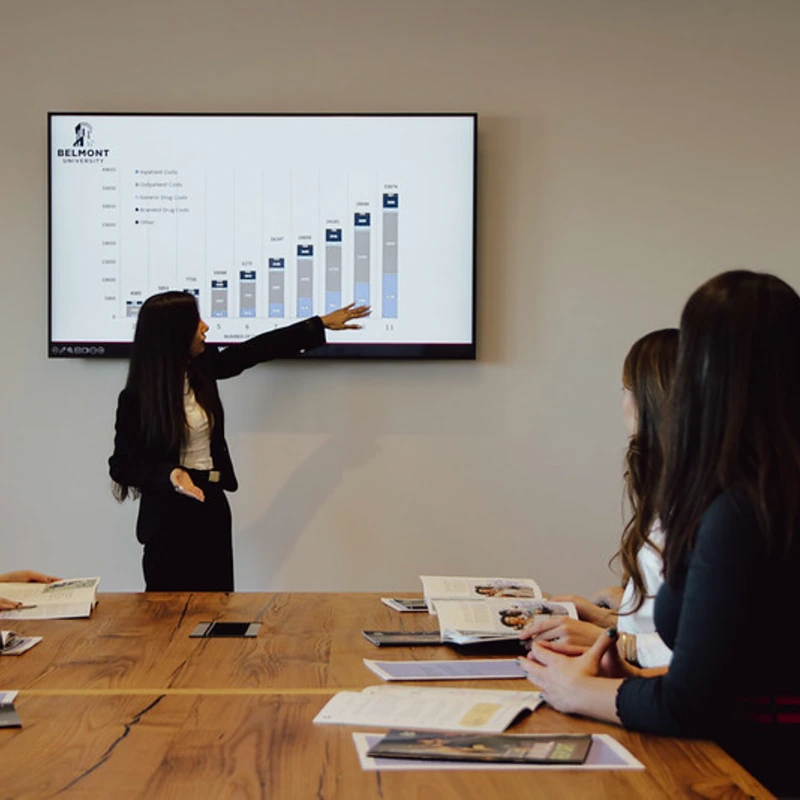 Business meeting with a woman presenting a Belmont University bar chart on a screen to colleagues.