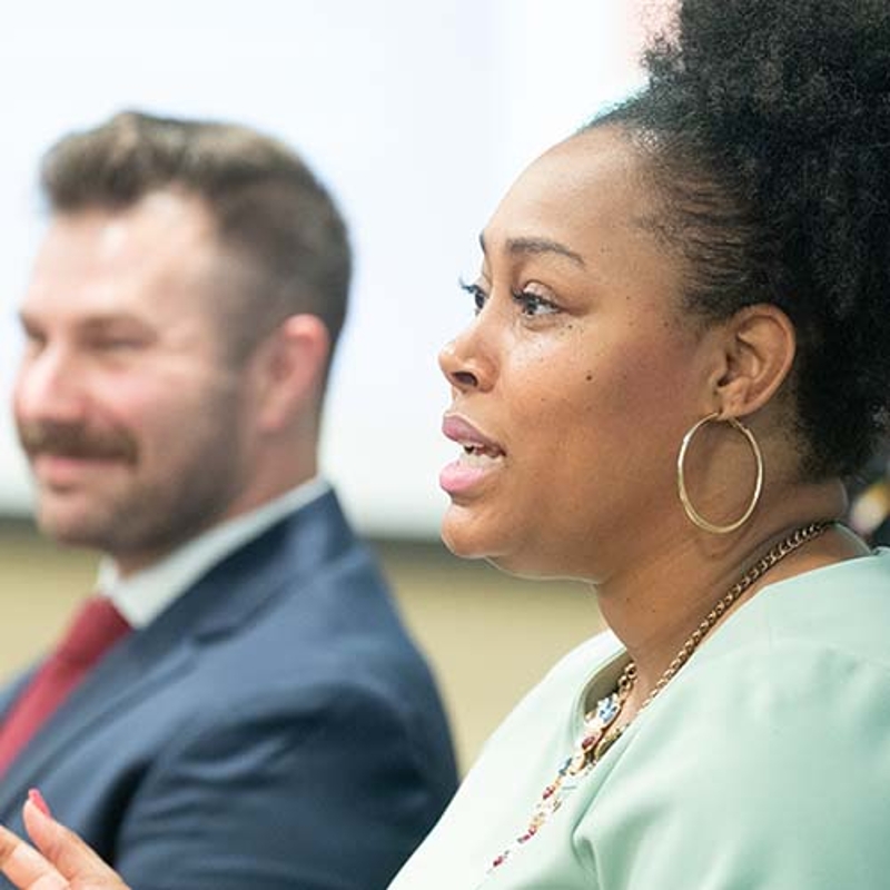 Female student speaks during class discussion