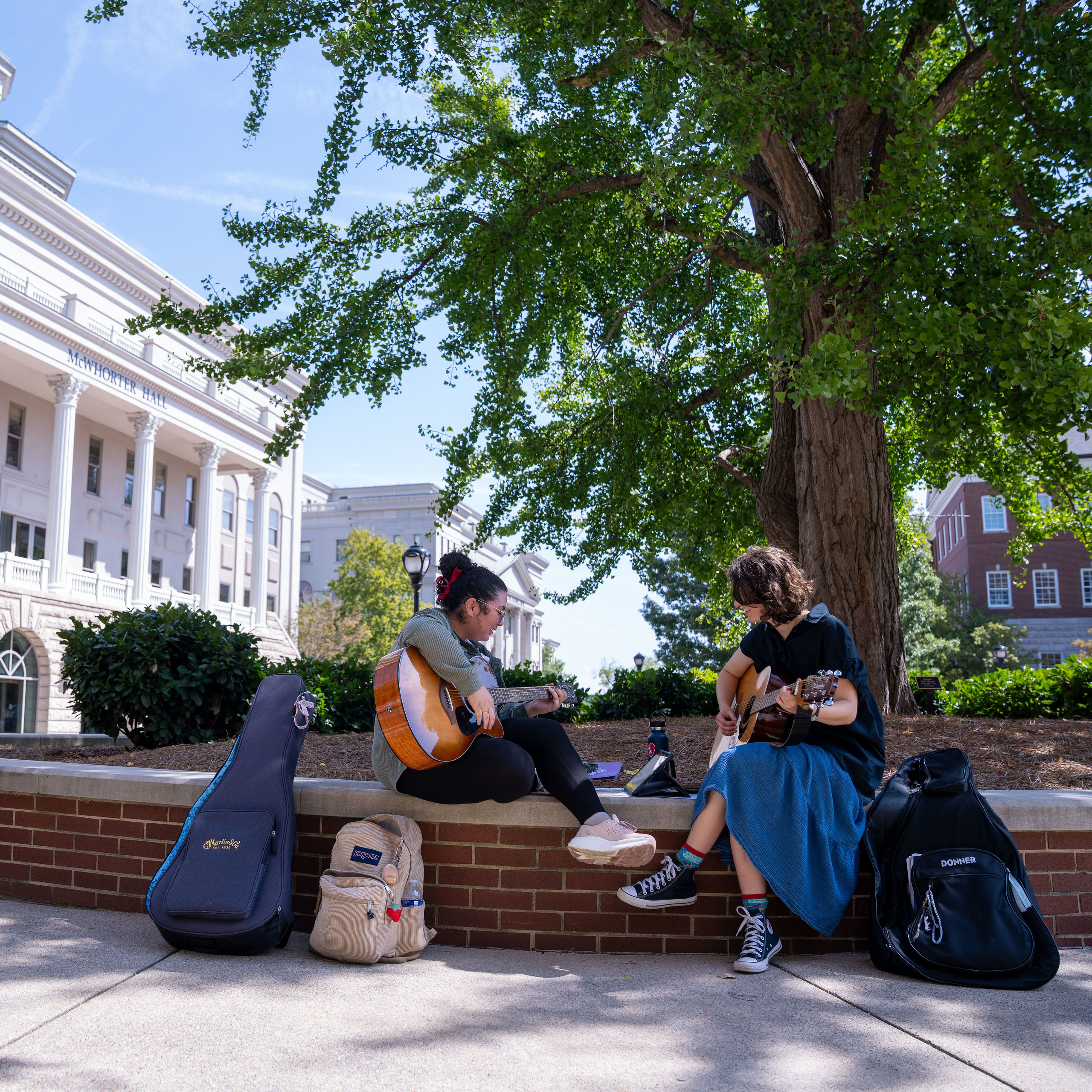 Two people sit on a brick wall under a large tree, playing acoustic guitars. Their relaxed demeanor suggests a casual, creative atmosphere.