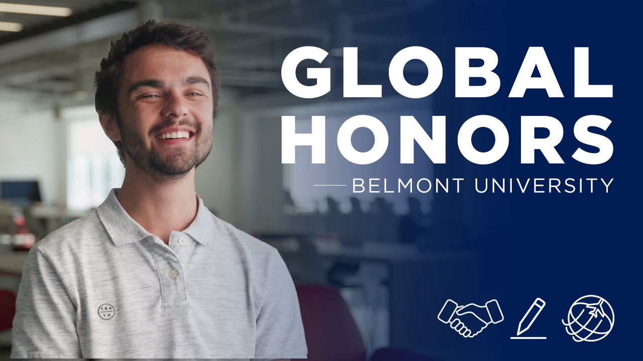 Student laughing and smiling at the camera and the words Global Honors, Belmont University on the side