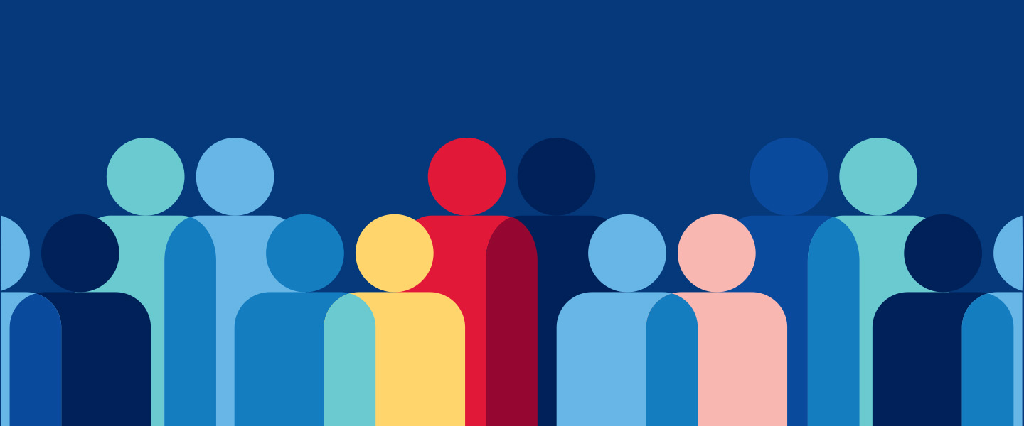 multiple illustrated overlapping multicolored people forms on a blue background