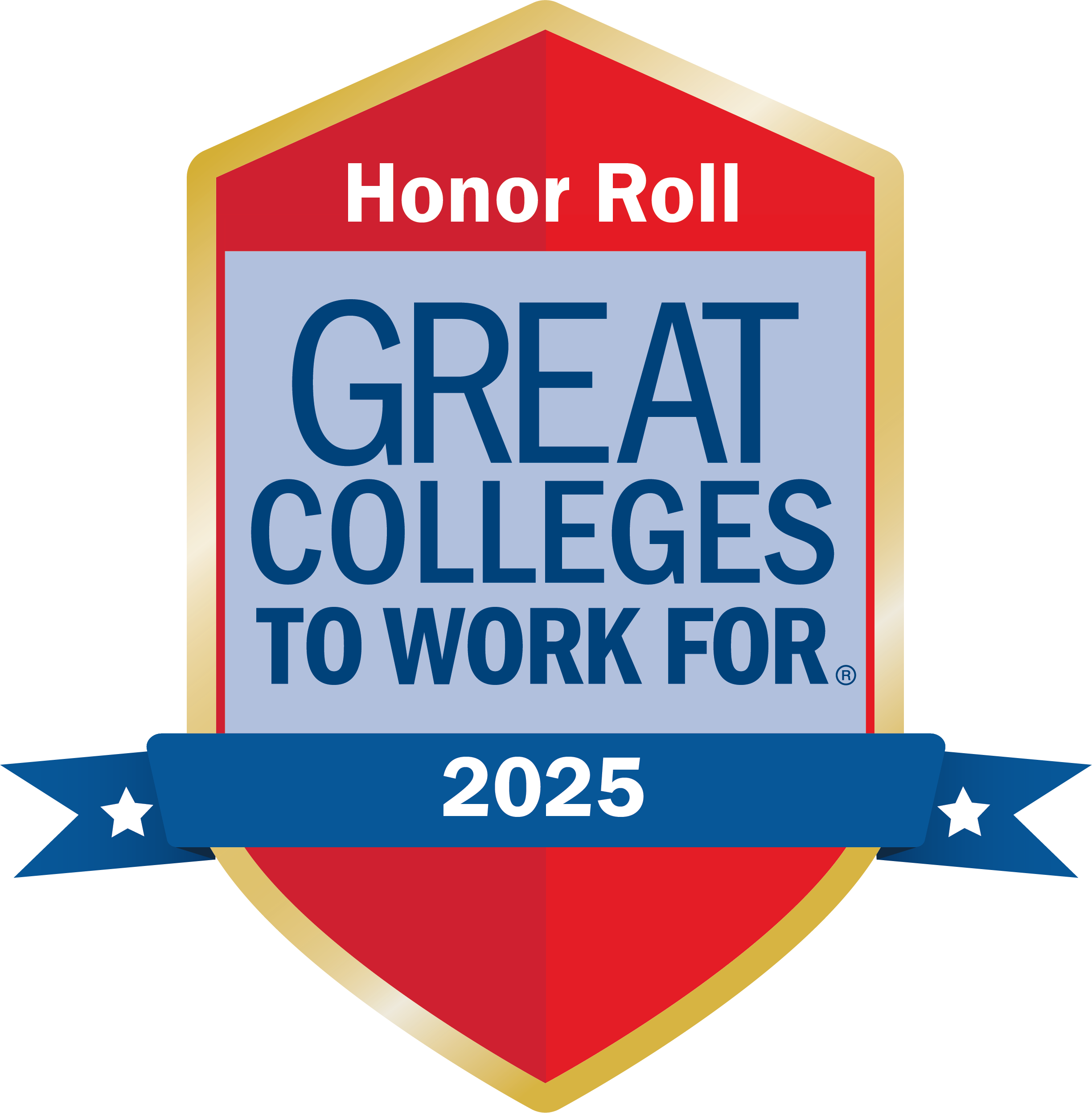 2025 Honor Roll badge for Great Colleges to Work For, featuring a red shield with the text 'Honor Roll' at the top and 'GREAT COLLEGES TO WORK FOR' in bold blue letters, along with a blue ribbon at the bottom displaying '2025'.