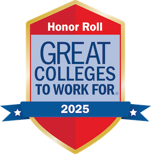 2025 Honor Roll badge for Great Colleges to Work For, featuring a red shield with the text 'Honor Roll' at the top and 'GREAT COLLEGES TO WORK FOR' in bold blue letters, along with a blue ribbon at the bottom displaying '2025'.
