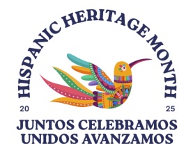 Colorful logo for Hispanic Heritage Month 2025 featuring a stylized hummingbird with vibrant feathers in orange, pink, teal, and other bright colors. The circular design includes the text 'Hispanic Heritage Month' at the top, '20 25' on the sides, and 'Juntos Celebramos Unidos Avanzamos' (Together We Celebrate, United We Advance) at the bottom.