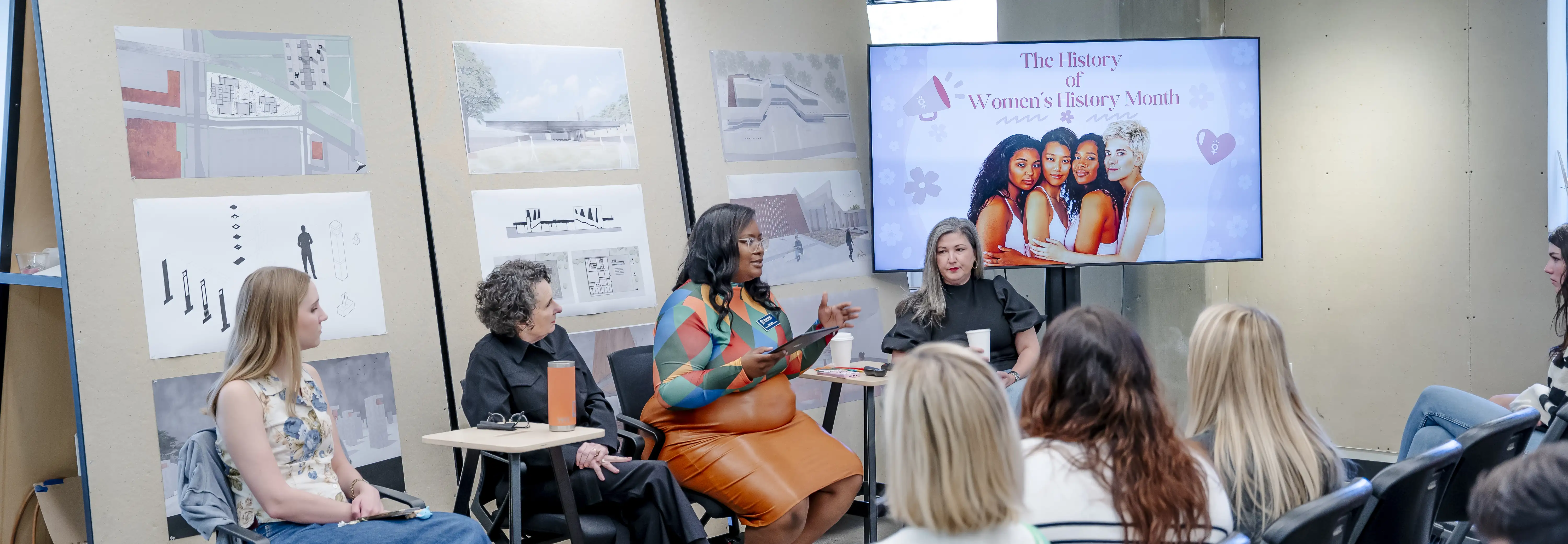 Panelists speak with students during a Women’s History Month discussion event at Belmont University.