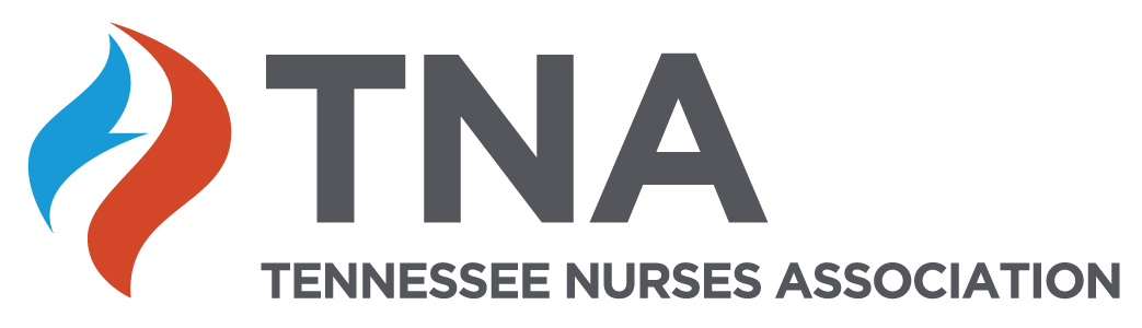 Logo of the Tennessee Nurses Association (TNA), featuring a stylized flame in red and blue to the left of the gray text ‘TNA’ with ‘Tennessee Nurses Association’ written below in smaller gray letters.