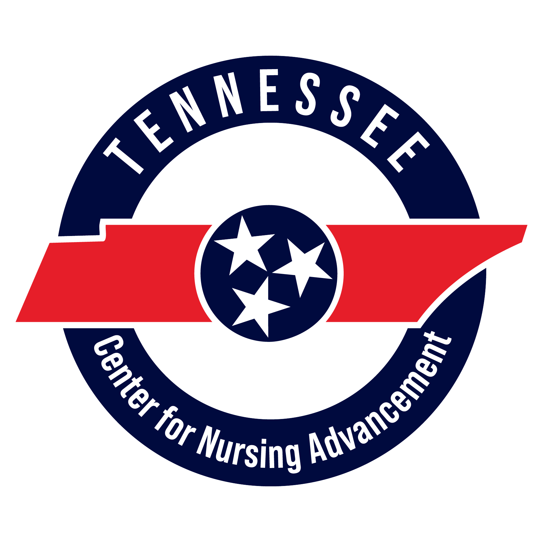 Logo of the Tennessee Center for Nursing Advancement. The design features a red silhouette of the state of Tennessee with three white stars inside a navy blue circle, referencing the Tennessee state flag. Surrounding the image is a navy blue ring with the words ‘Tennessee’ at the top and ‘Center for Nursing Advancement’ at the bottom.