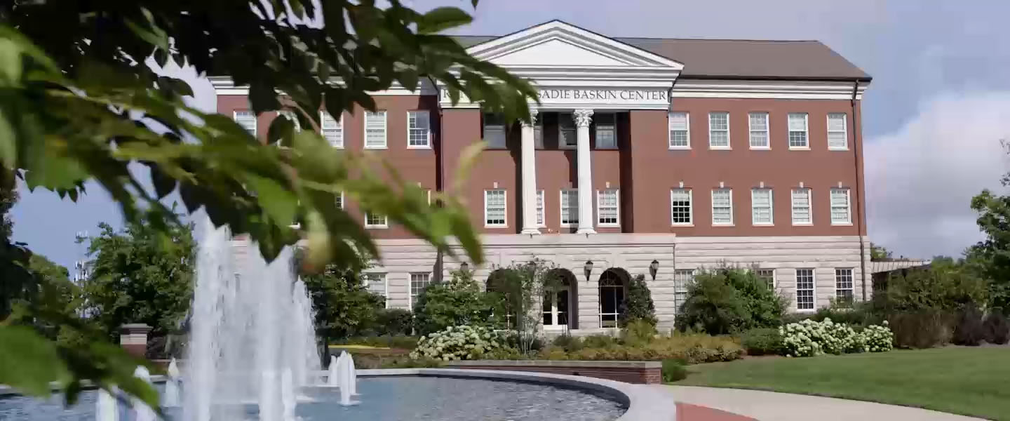 A view of the Baskin Center from the opposite side of Belmont's Freedom Plaza