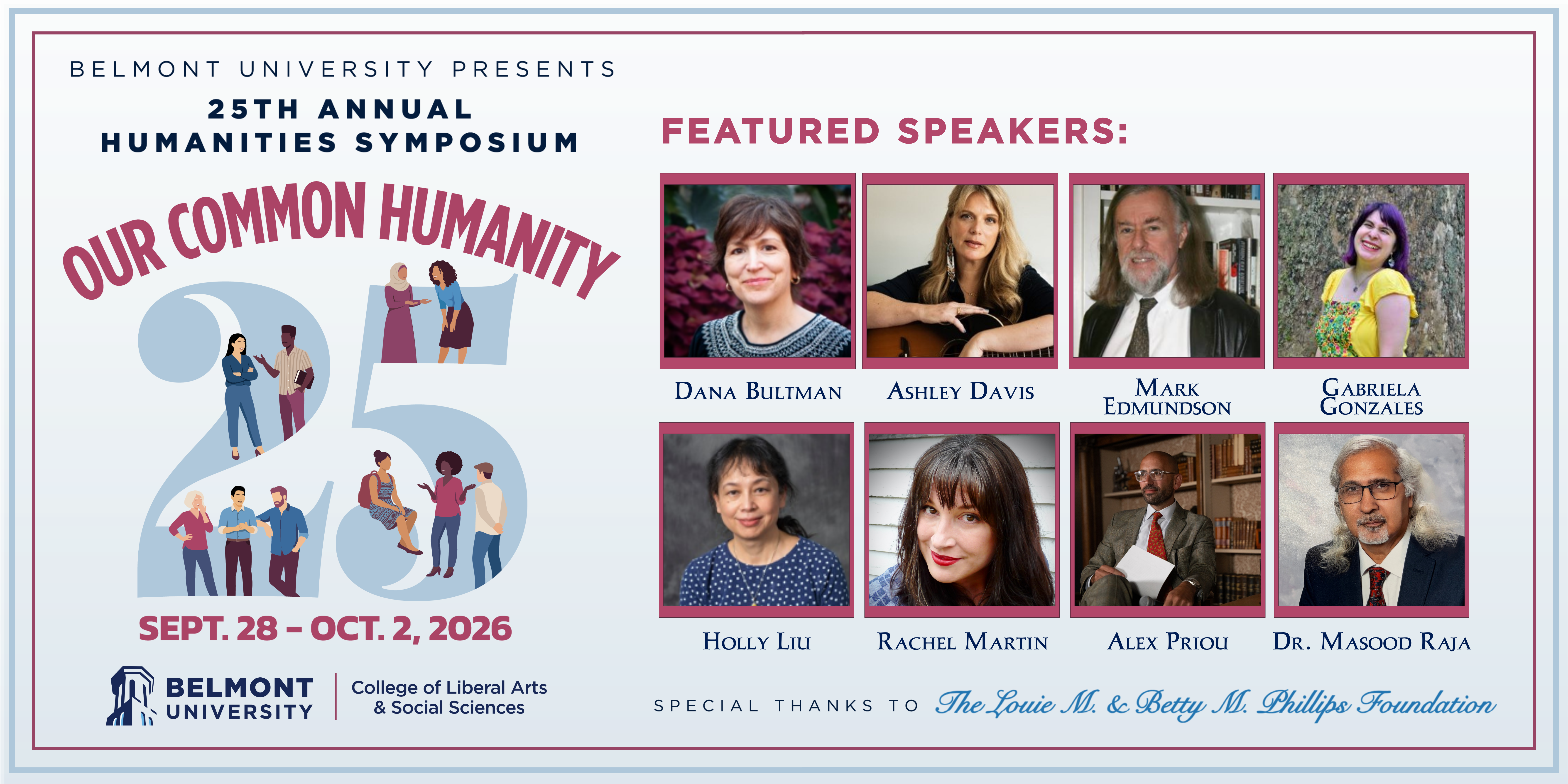 Promotional poster for Belmont University’s 25th Annual Humanities Symposium, “Our Common Humanity,” Sept. 28–Oct. 2, 2026, featuring a large “25” with illustrated people and headshots of featured six
