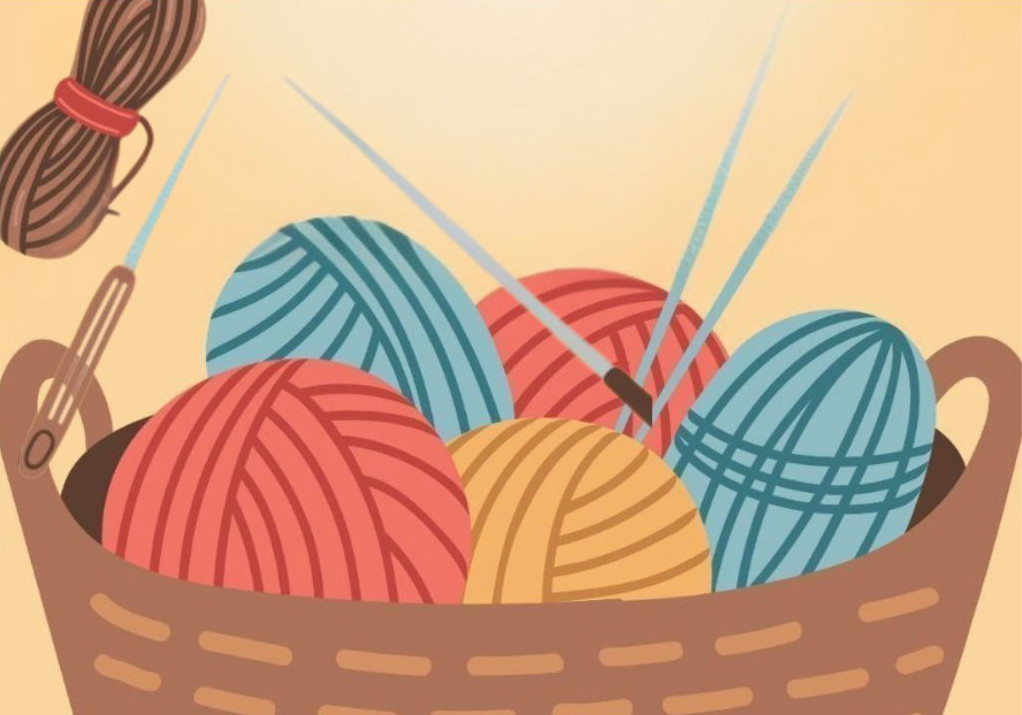 Illustration of yarn balls in a basket with knitting needles, text reads “Lila Loopers, Lila D. Bunch Library.