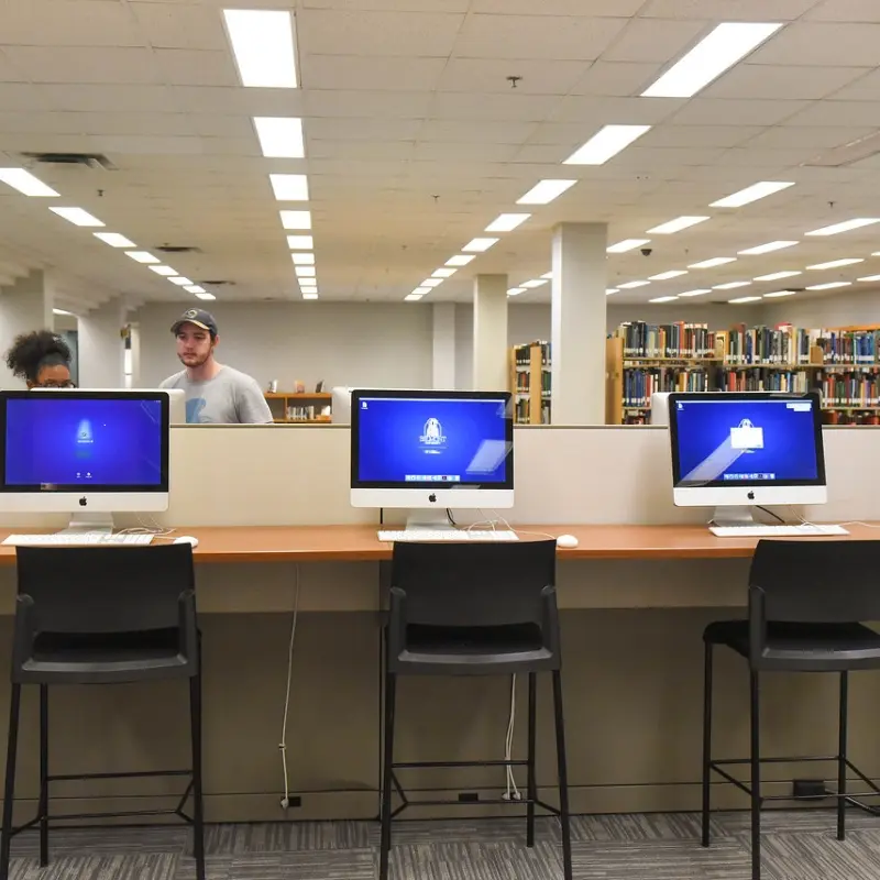 students using library resources to collaborate on a project