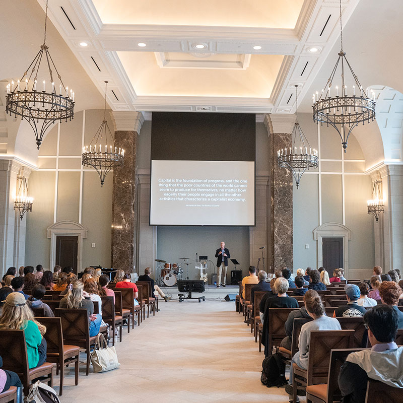 A view of a Chapel event in the Gabhart Chapel