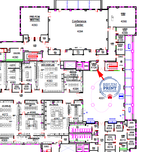 Map of BruinPrint Locations in the Janet Ayers Academic Center