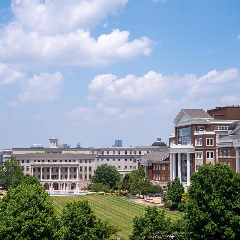 Aerial view of the main lawn on Belmont's campus