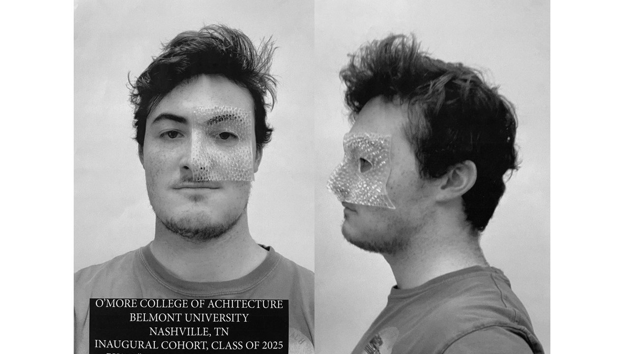 two photos of a male students face wearing a 3D printed mask from the front and side