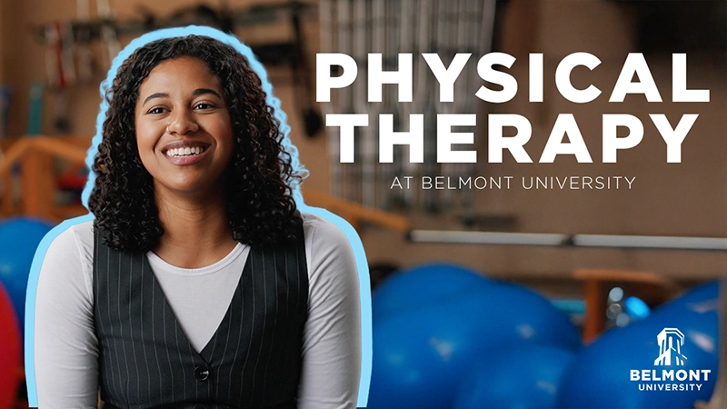 A student oulined in blue with the words: Physical Therapy Belmont University to the side