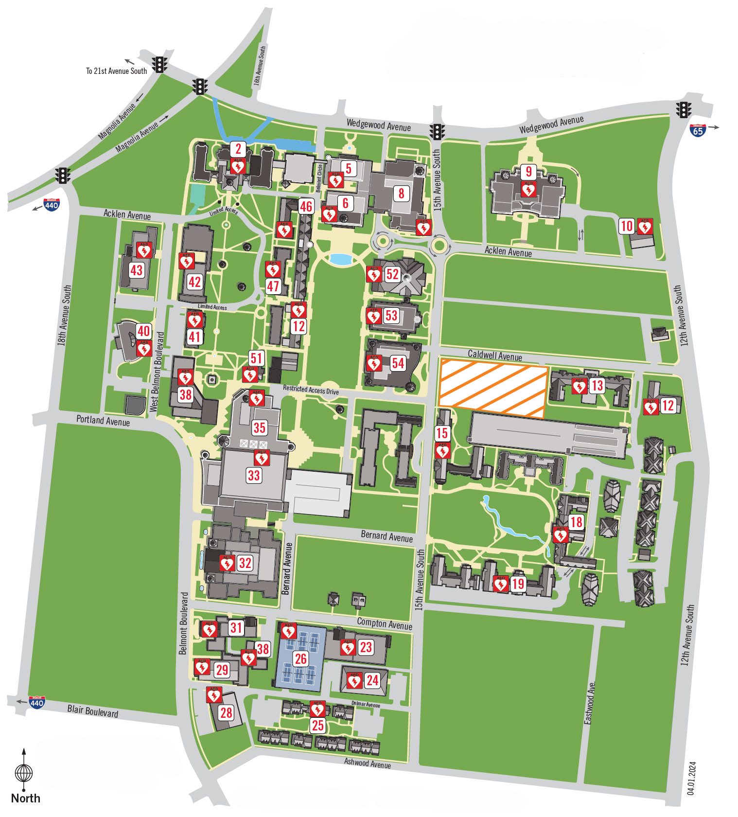 Map of Belmont's campus with notations marking all the AED Locations on campus displayed in the table above.