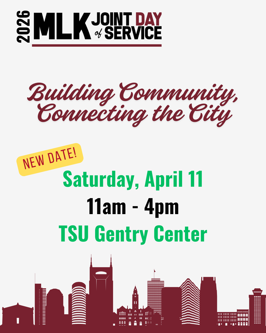 Poster promoting the MLK Joint Day of Service, titled “Building Community, Connecting the City,” with event details for Saturday, January 24, 2026, 11 a.m.–4 p.m. at TSU Kean Hall in Nashville, and an illustrated portrait of Dr. Martin Luther King Jr.