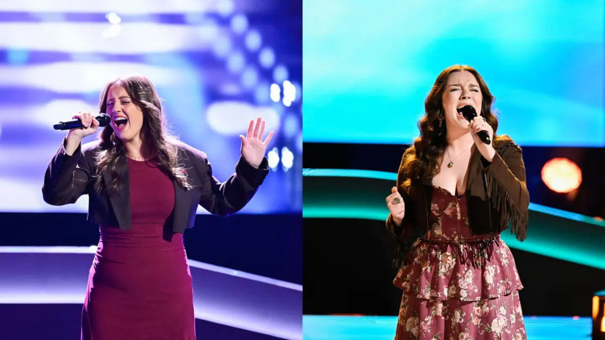 A split image of two singers from The Voice, Ava Nat on the left in a burgundy dress and black jacket, and Aubrey Nicole on the right in a floral dress with a brown jacket, both passionately performing on stage with microphones.