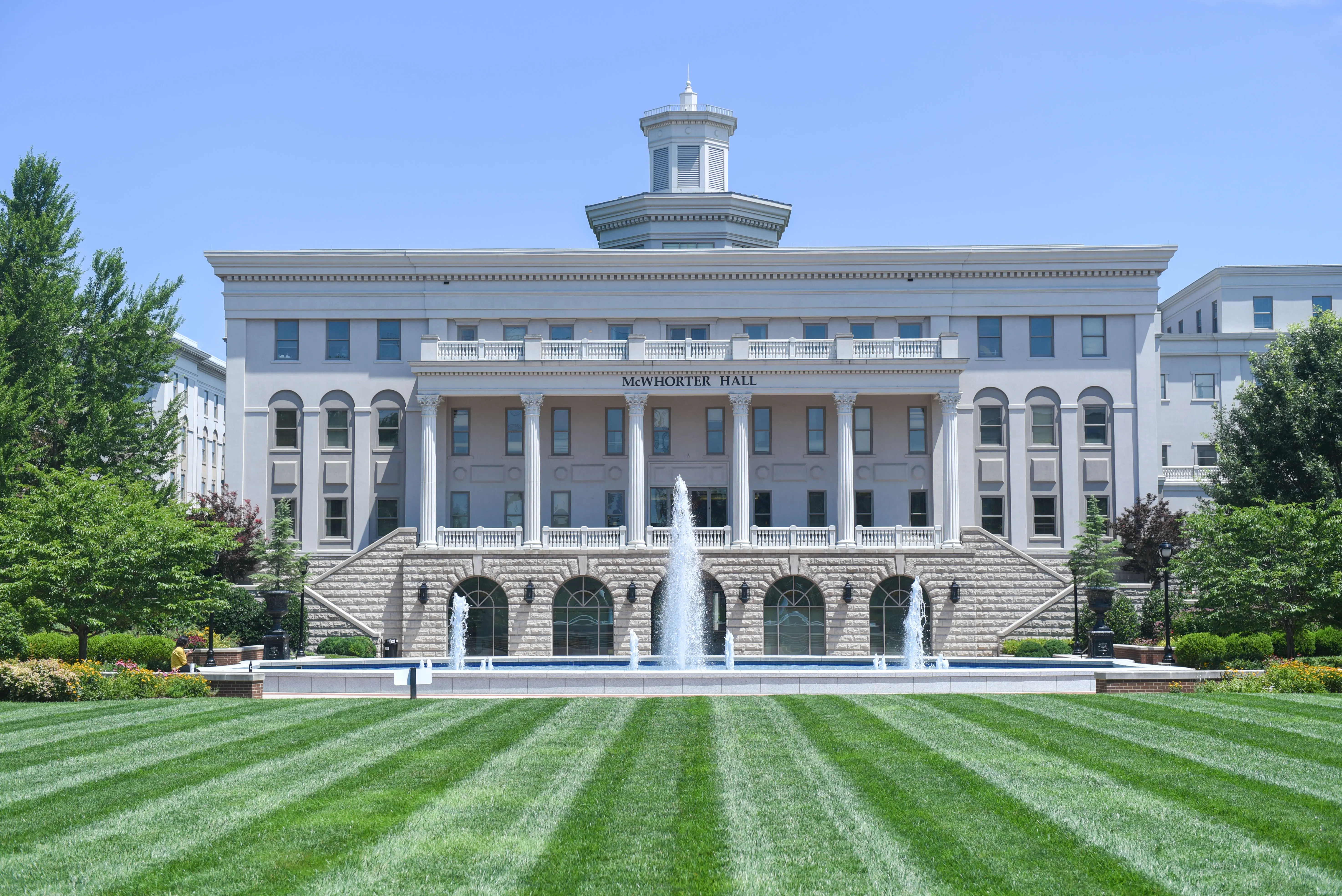 Freedom Plaza Fountain with view of lawn and McWhorter Academic Building
