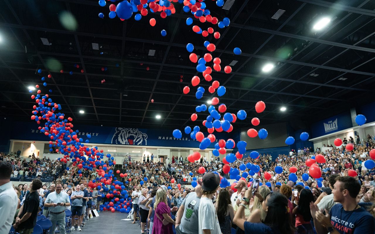 Balloons drop in the Curb Event Center