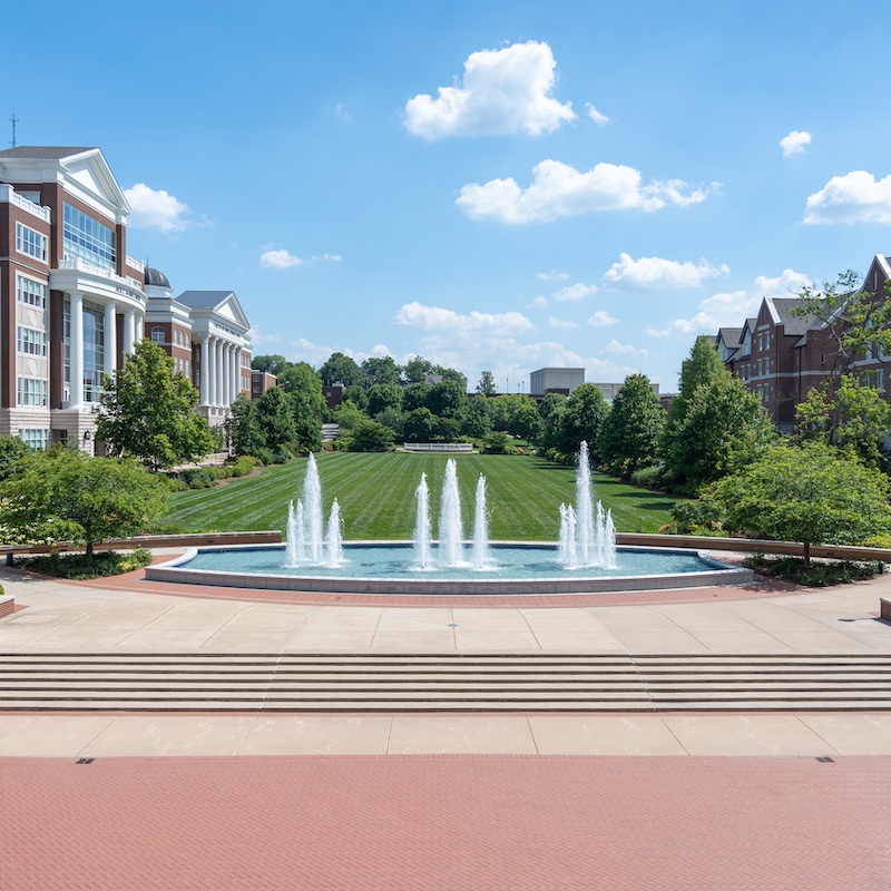 campus lawn and fountain