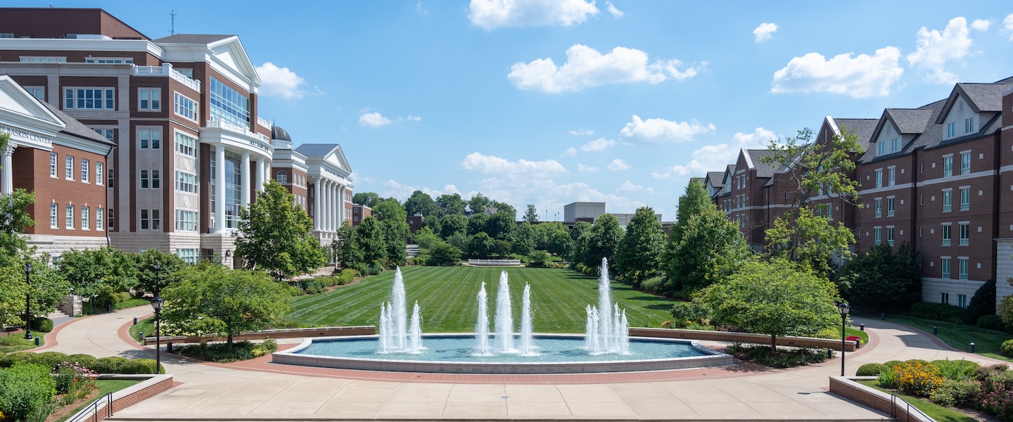 campus lawn and fountain