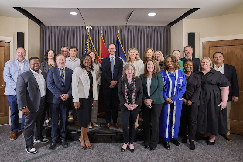 Representatives from Nashville’s civic, business and academic sectors gather after the AWS Tech Alliance announcement.
