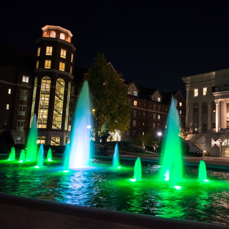 fountain lit green for veterans week