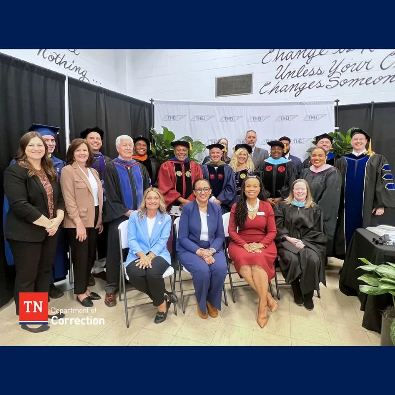 Belmont faculty, administrators and Tennessee Department of Correction leaders celebrate Turney Center’s first graduating class.