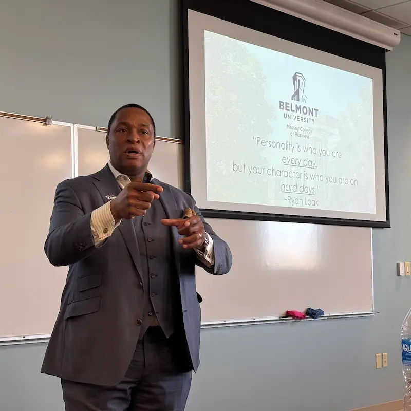 Randy Bradley speaking before students