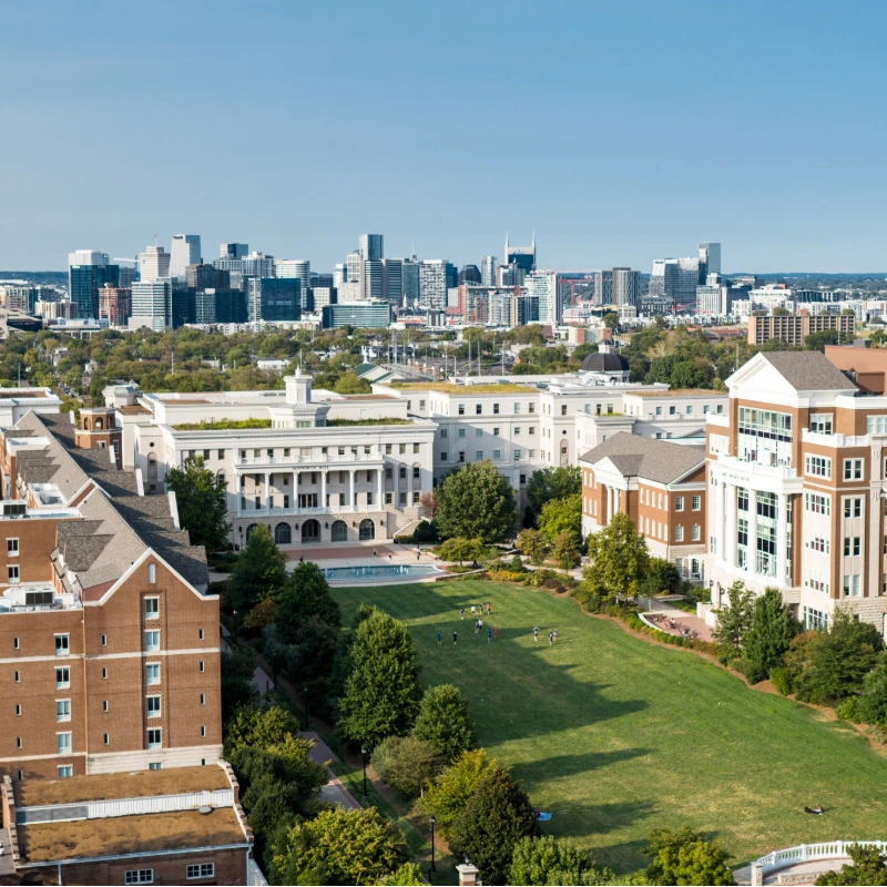 Campus aerial shot with Nashville skyline