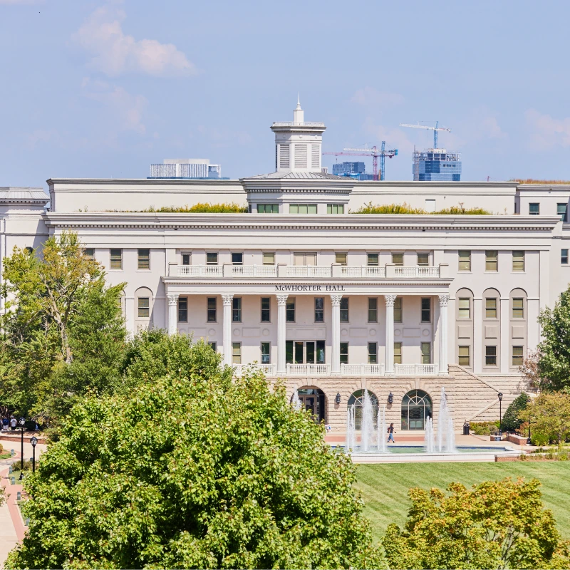 An aerial photo of McWhorter hall at Belmont University