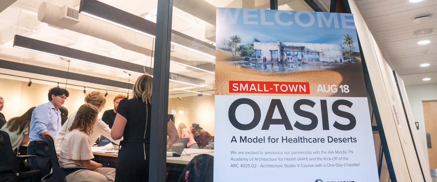 Presentation banner for 'Small-Town Oasis: A Model for Healthcare Deserts' project, with a group meeting.