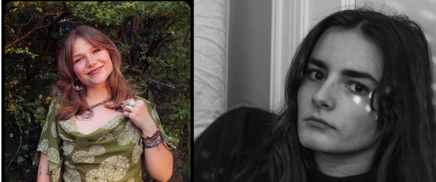 Two portraits: a smiling woman in a green top with nature background, and a serious woman in black & white with light patterns.