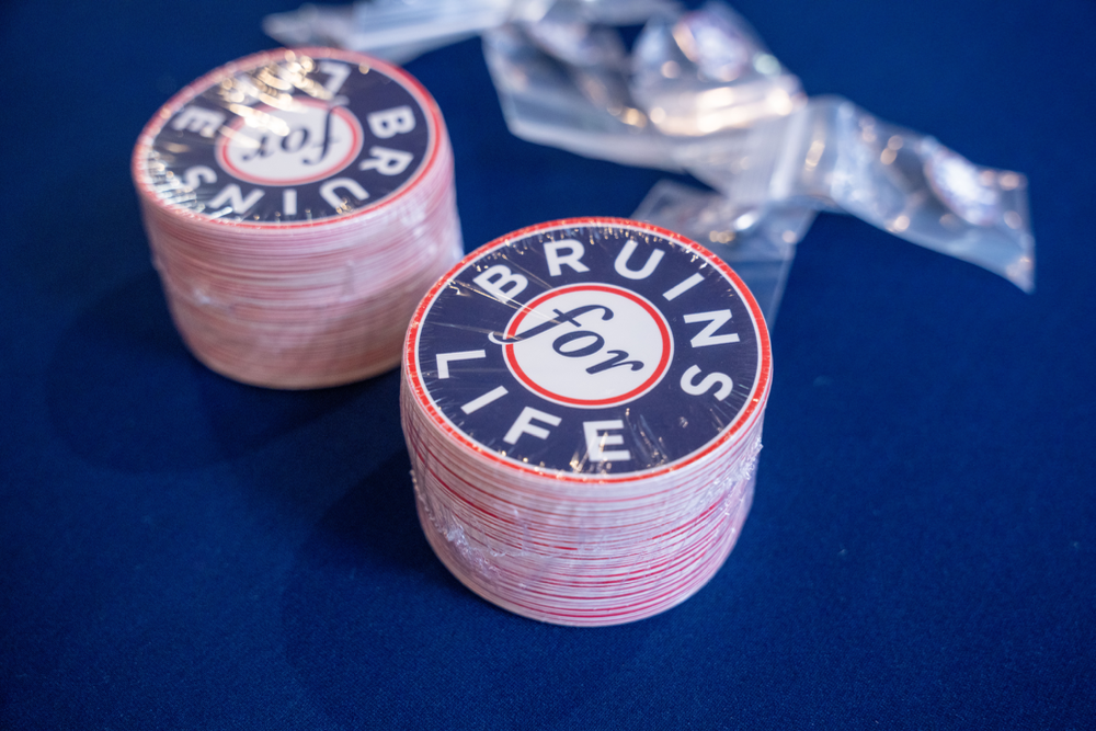 a stack of red and blue stickers