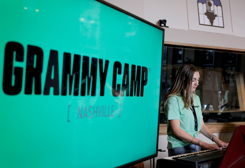 Grammy Camp student performing on a keyboard. Photo by Tibrina Hobson/Getty Images for The Recording Academy 