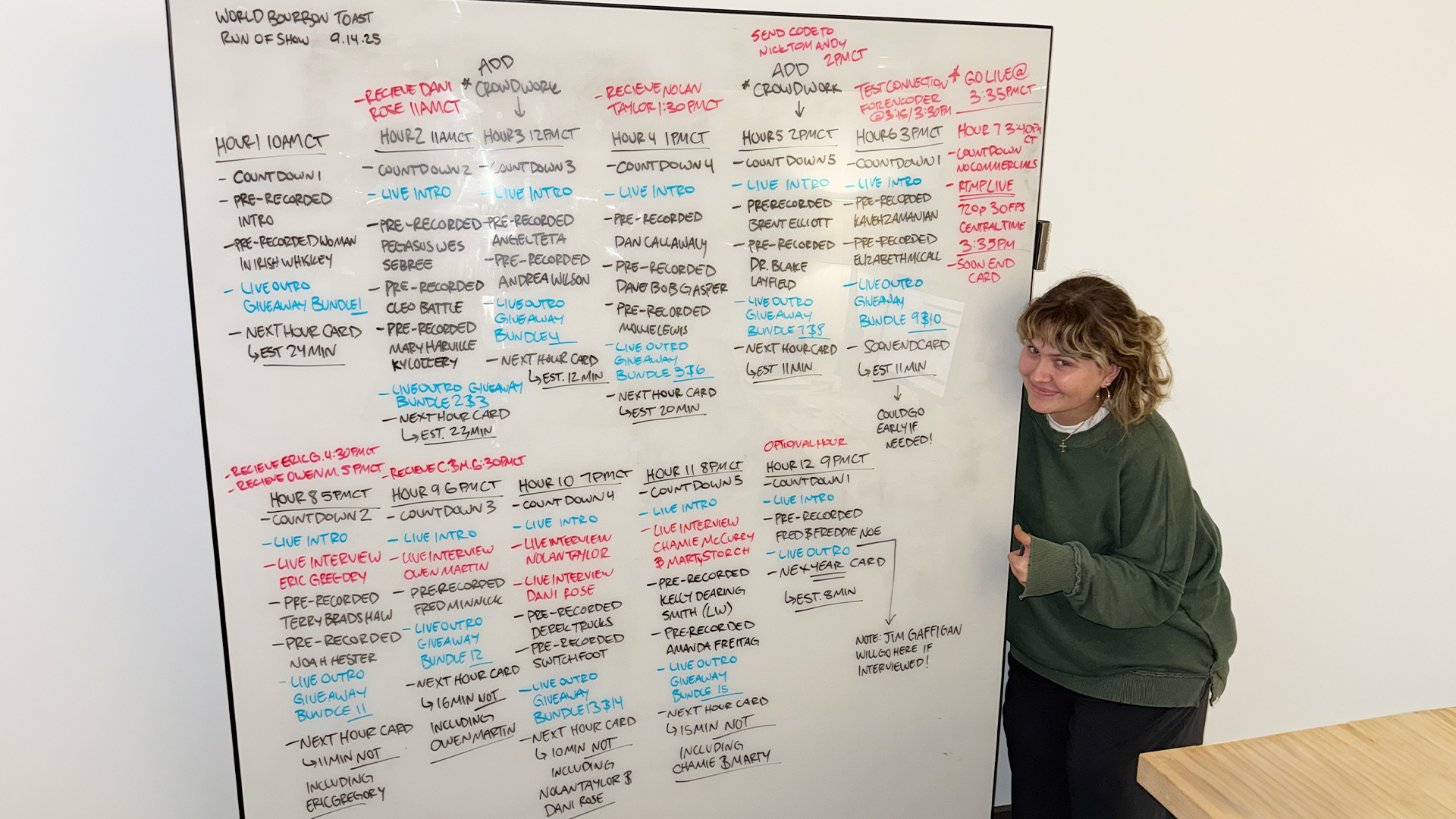 A whiteboard detailing the run of show for the 2025 World Bourbon Toast